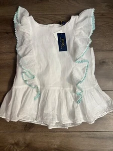 POLO RALPH LAUREN Girls Sz 12 White And Blue Ruffle Cotton Top - Picture 1 of 9