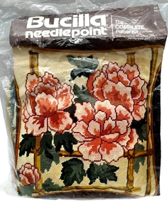 Vintage Bucilla Oriental Peonies Needlepoint Complete Pillow Kit NEW - Picture 1 of 3