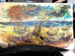 Affandi Signed Sun And Boats Original Oil Painting Art. Famed Indonesian Painter - Picture 1 of 3