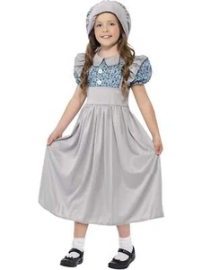Victorian School Girl Costume Fancy Dress Outfit Grey & Blue Dress With Hat - Picture 1 of 6