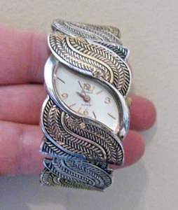 Geneva Cuff Bracelet Watch Platinum Face Gold Hands 3 Tone Metal - Picture 1 of 7