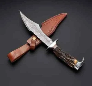 BEAUTIFUL CUSTOM HAND MADE DAMASCUS STEEL HUNTING BOWIE KNIFE HANDLE STAG HORN - Bild 1 von 3