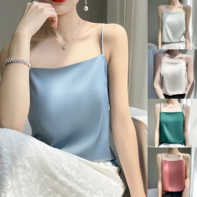 Ladies Satin Silky Vest Tank Top Sleeveless Shirt Strappy Casual Solid Camisole - Image 1 of 4