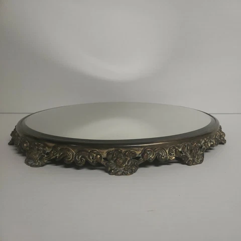 Vintage Silver Plated Mirrored Plateau Jewelry Make Up Dresser Tray Beveled Cover