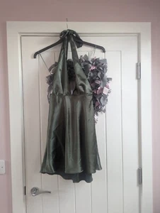 Zara Khaki Mini Dress 12 Medium halter neck satin silk - Picture 1 of 14