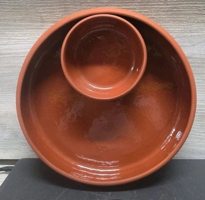 BORTNER & BORTNER TerraCotta Glazed Round Chip & Dip Serving Tray Bowl 10” D6 - Image 1 of 3