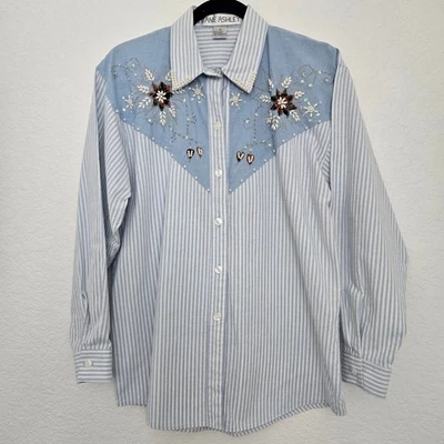 Jane Ashley Small Striped Embellished Vintage Top Womens Button Down Shirt - Image 1 of 4