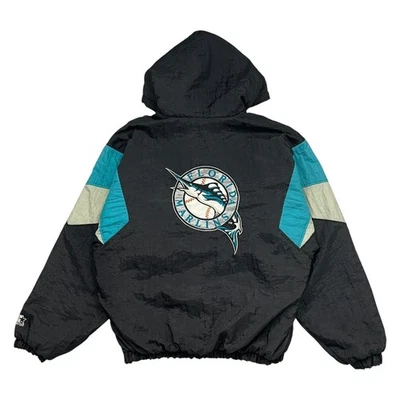 VTG 90s MLB FLORIDA MARLINS STARTER HOODED PULLOVER PUFFER JACKET SIZE L - Image 1 of 4