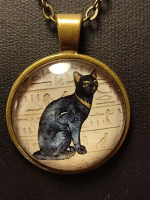 Ägypten Pharao Katze Damen Halskette in Gold / Messing Medaillon glasiert - Bild 1 von 4