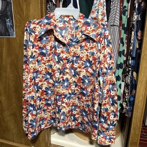 Bottone vintage floreale manica lunga misto poli simile a Issey Miyake. Donna L - Foto 1 di 11