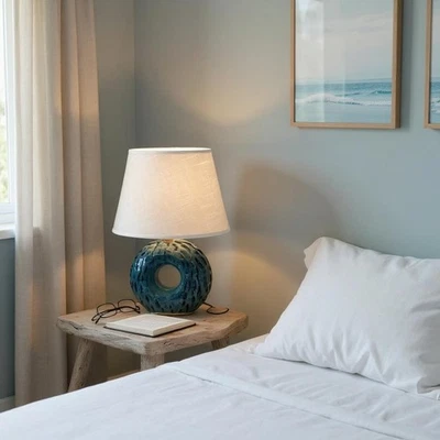 Blue Ceramic Table Lamp 40cm  with White Drum Shade Cute Polo Design for Bedside - Image 1 of 4