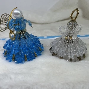 2 prendedores de seguridad hechos a mano de colección con cuentas ángel árbol de Navidad adorno azul dorado perla - Imagen 1 de 14