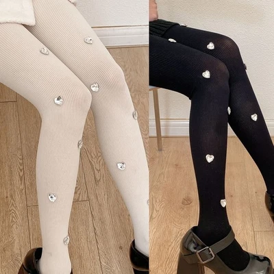Women Ribbed Opaque Pantyhose Shiny for Rhinestone Heart Decoration Tights Stock - Image 1 of 4