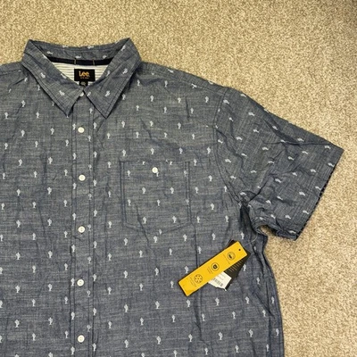 NEW Lee Chambray Button Up Shirt Mens 2XL XXL Blue Allover Cactus Short Sleeve - Image 1 of 4