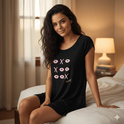 Betsey Johnson XOXO Nightgown Night Shirt Black Pink Lipstick Size S Stretchy - Image 1 of 4