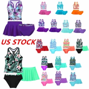 US Girls 3PCS Tankini Swimsuit Bathing Suits Beach Tops Bottoms Tutu Skirt Set - Picture 1 of 50