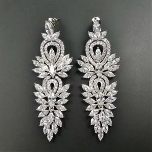 Rhodium Plated Vintage Style CZ Cluster Large Statement Chandelier Earrings - Picture 1 of 6