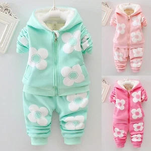 Toddler Girls Outfit Set Plush Lined Flower Print Hooded Zipper Coat with Pants - Picture 1 of 22