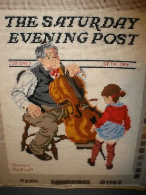 Vtg Finished Needlepoint Piece Saturday Evening Post Normal Rockwell Bass Player - Image 1 of 3