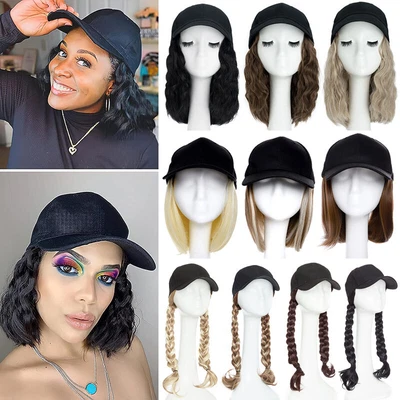 Gorra de béisbol negra con extensiones de cabello liso rizado pieza de cabello ondulado natural Foto 1 de 4