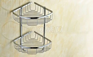 2 Layer Polished Chrome Wall Mount Bathroom Basket Shelf Storage Basket w/ Hooks - Picture 1 of 8
