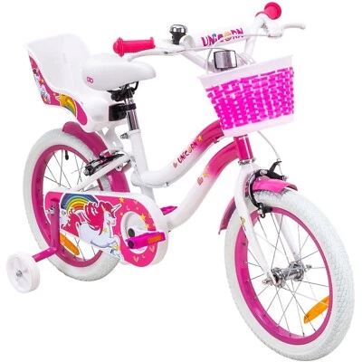 Kinderfahrrad Unicorn Kinder Mädchen Fahrrad Korb mit Stützräder pink 16 Zoll - Bild 1 von 4