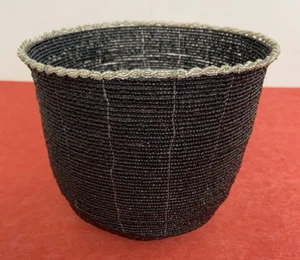 Handcrafted Balinese Basket w Black & Silver Colour Beads on Wire Pot Gift Idea - Picture 1 of 9