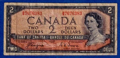 CANADA $2 (1954) BC-30a / P-67a  Circulated DEVIL'S FACE 👿 ** B/B 7676383 **   - Image 1 of 2