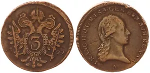 Österreich 3 Kreuzer 1799 Pobe in Kupfer auf extrem dicken Schrötling ss 103391 - Bild 1 von 1