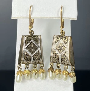Vtg Damascene Earrings Faux Pearl Dangle Gold Tone Pierced Fringe Damasquinado - Picture 1 of 7