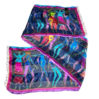 Bufanda de seda Laurel Burch arte del ser humano con cuentas flecos baile abstracto Foto 1 de 4