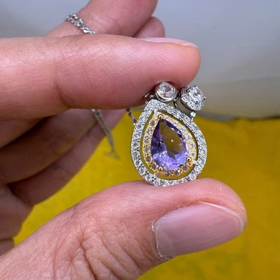 925 Sterling Silver Necklace 8x5mm Natural Amethys Gemstone Zircon Teardrop Gift - Image 1 of 4