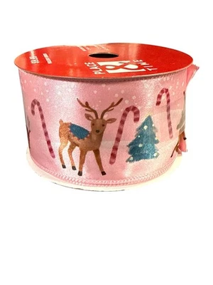 Pink Holiday Wired Ribbon Reindeer Candy Canes Trees 2.5” X 8 Yds Place & Time - Image 1 of 4
