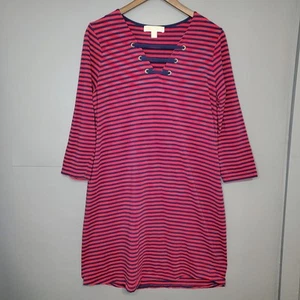 Michael Kors Lace Neckline Longsleeve Midi Sweater Dress Medium Red Blue Stripe - Picture 1 of 7