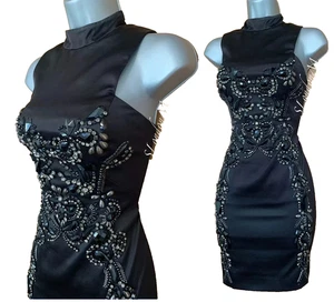 Vestido Lápiz Karen Millen UK 10 Negro Satinado Cuello Redondo Cuentas Crucero Cóctel 38 - Imagen 1 de 12