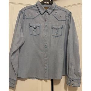 Camisa vaquera Wrangler para mujer XXL pedrería perla botón a presión azul occidental nueva con etiquetas - Imagen 1 de 21