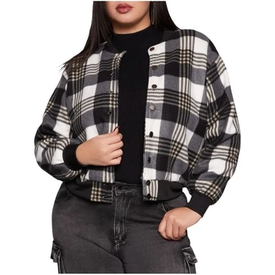 Plaid Black and White Women's Jacket, Plus Size 1X - Image 1 of 4
