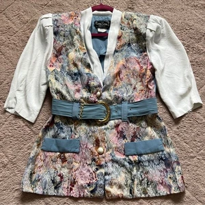 Vintage Leni Leni 70s/80s Floral Belted Padded Shoulder Top Women’s Size 6MP - Picture 1 of 9