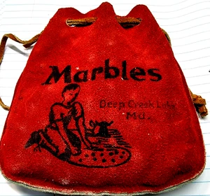 VINTAG RED/BLUE SUEDE 5 1/2 IN SQ. MARBLE BAG WITH THE MARBLES - Picture 1 of 3