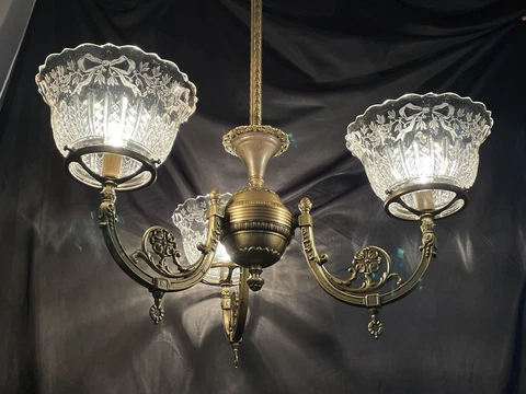 Antique Victorian ITALIAN Bronze Ornate Chandelier Art Deco Crystal Gas Style Cover