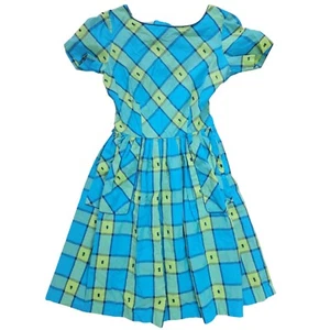 1950s Green Blue Plaid Madras Dress S | Cotton Fit & Flare Piped Pockets Vintage - Picture 1 of 4