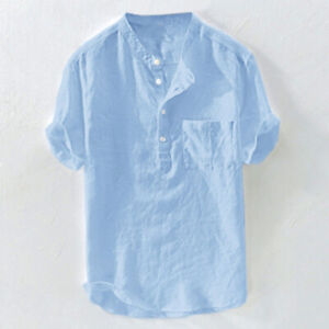 Men T-Shirt Short Sleeve Tops Tees Cotton Linen Simple Blouse Summer Clothing /