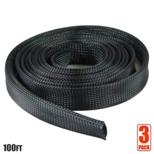 3x 100FT 1" Expandable Cable Management Sock Wrap Jacket Cabling Organizer Black - Picture 1 of 3