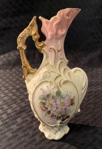 Antique Carlsbad Victoria Austria 6.5" Pitcher Ewer Vase Hand Painted Floral EUC - Picture 1 of 8