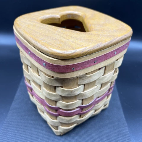 Vintage American Traditions Hand Woven Tissue Basket Signed Wood Heart Farmhouse Cover