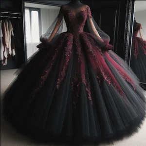Gothic Black and Red Wedding Dresses Long Sleeves Off the Shoulder Bridal Gowns - Picture 1 of 9