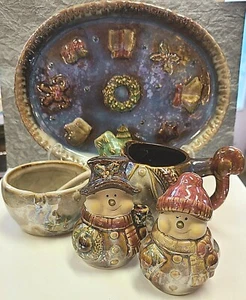 Snow People Christmas  Plate Creamer Sugar Salt Pepper Stoneware Serving Winter - Picture 1 of 12