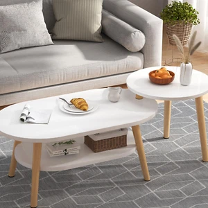 Coffee Table-Oval Wood Coffee Table with Open Shelving for Storage and Display 2 - Picture 1 of 12