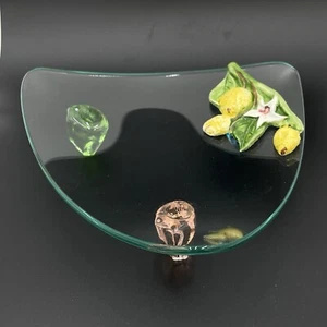 Triangular catchall Glass Serving Dish w/ Multi Color Gem Feet And Lemon Design - Picture 1 of 7