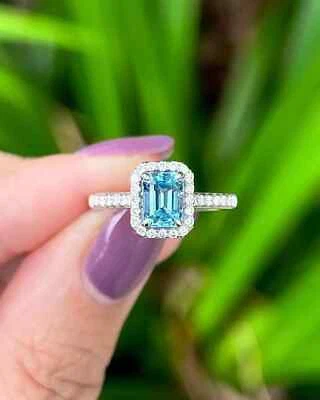 Emerald Cut 1.90 Ct Natural Aquamarine & Diamond Engagement Ring 14K White Gold - Image 1 of 4
